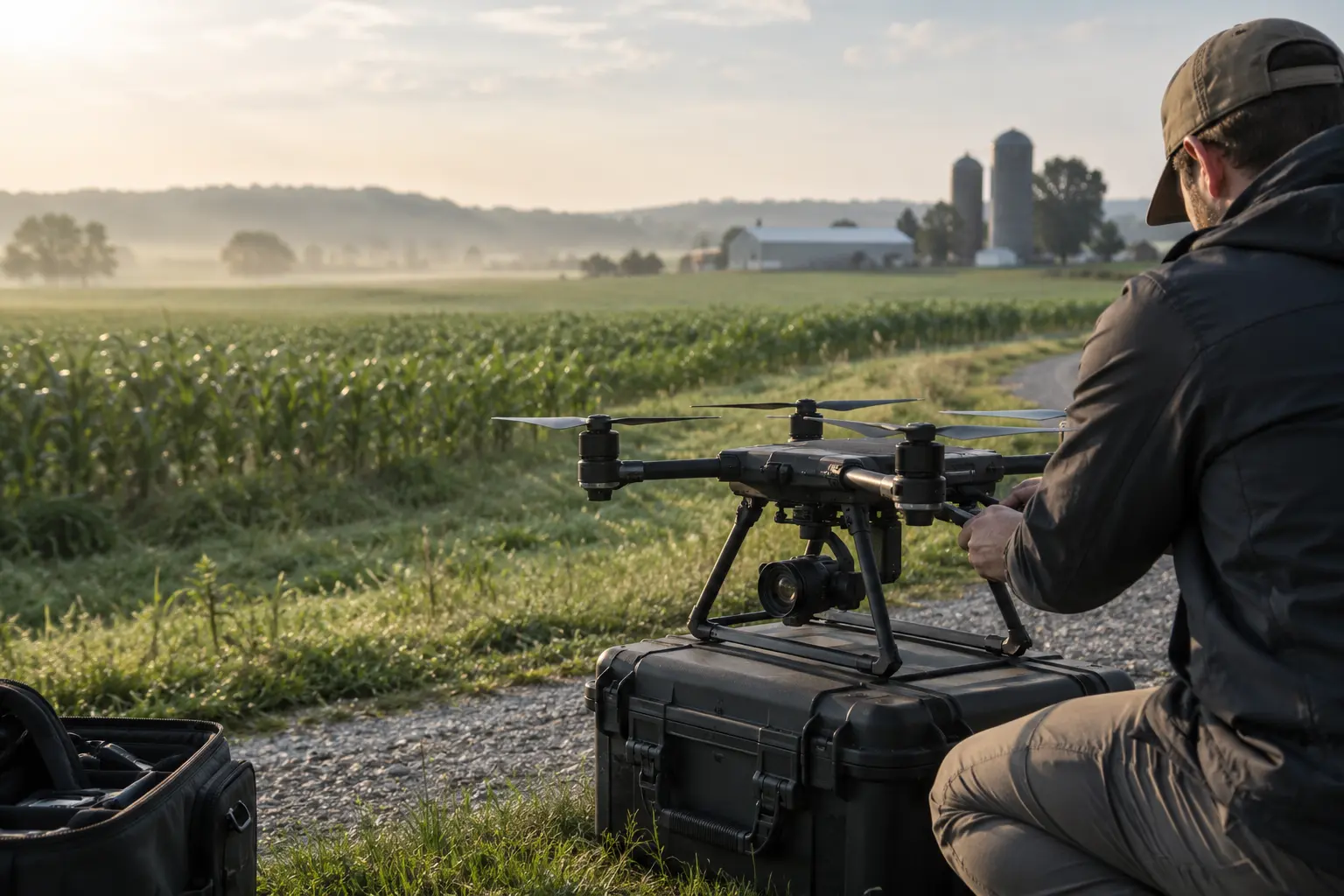 A field technician preparing an unbranded camera drone for evaluation beside a crop field.