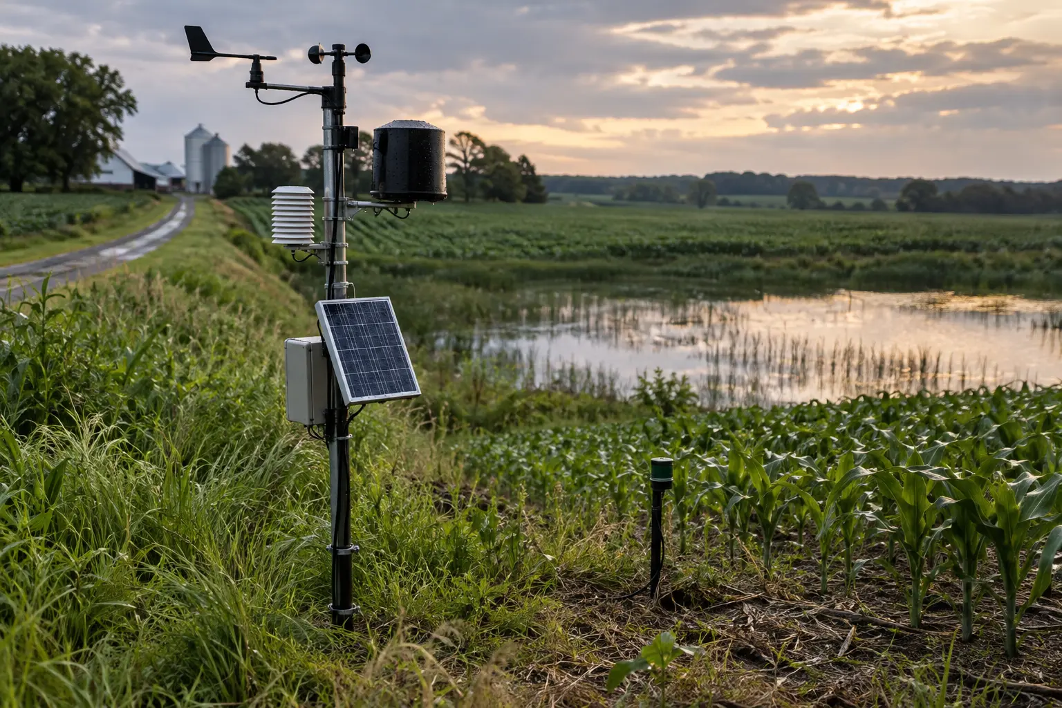 A solar-powered agricultural weather station and field sensor installed beside crops and water.