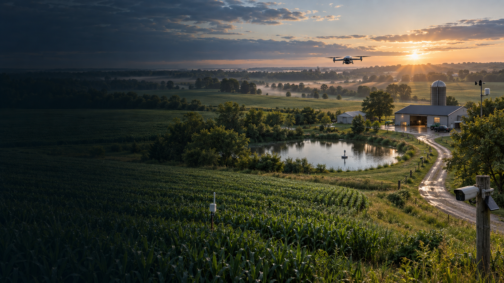 Rural Minnesota property with fields, water, buildings, and field technology